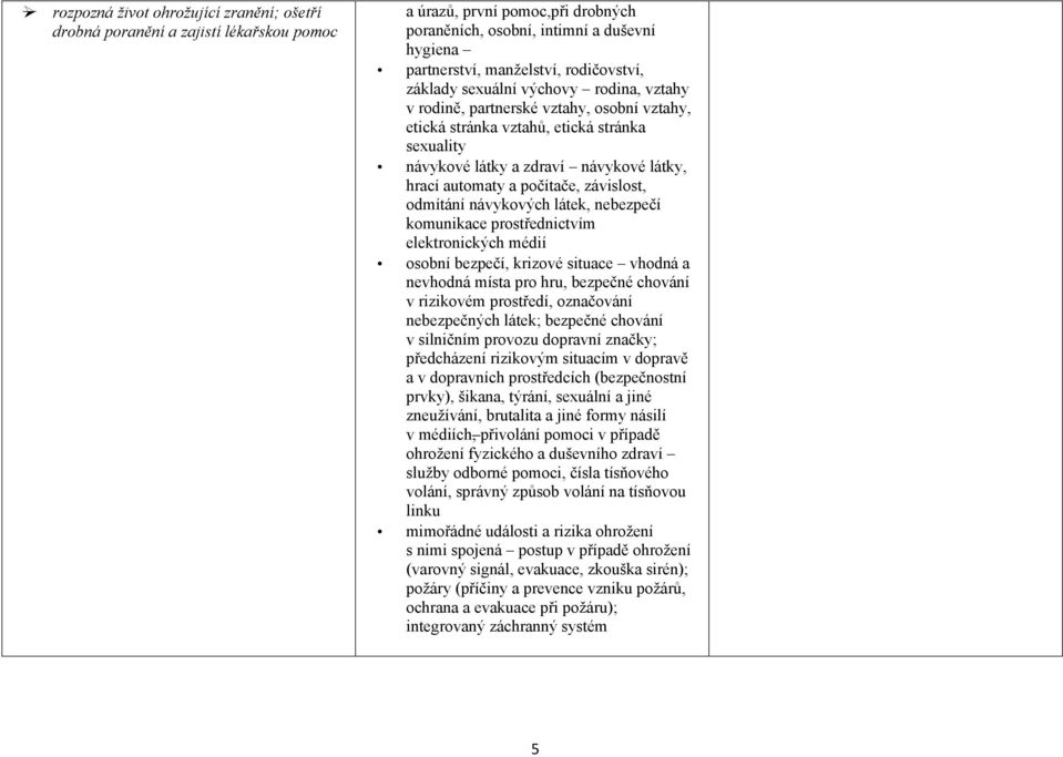 a počítače, závislost, odmítání návykových látek, nebezpečí komunikace prostřednictvím elektronických médií osobní bezpečí, krizové situace vhodná a nevhodná místa pro hru, bezpečné chování v