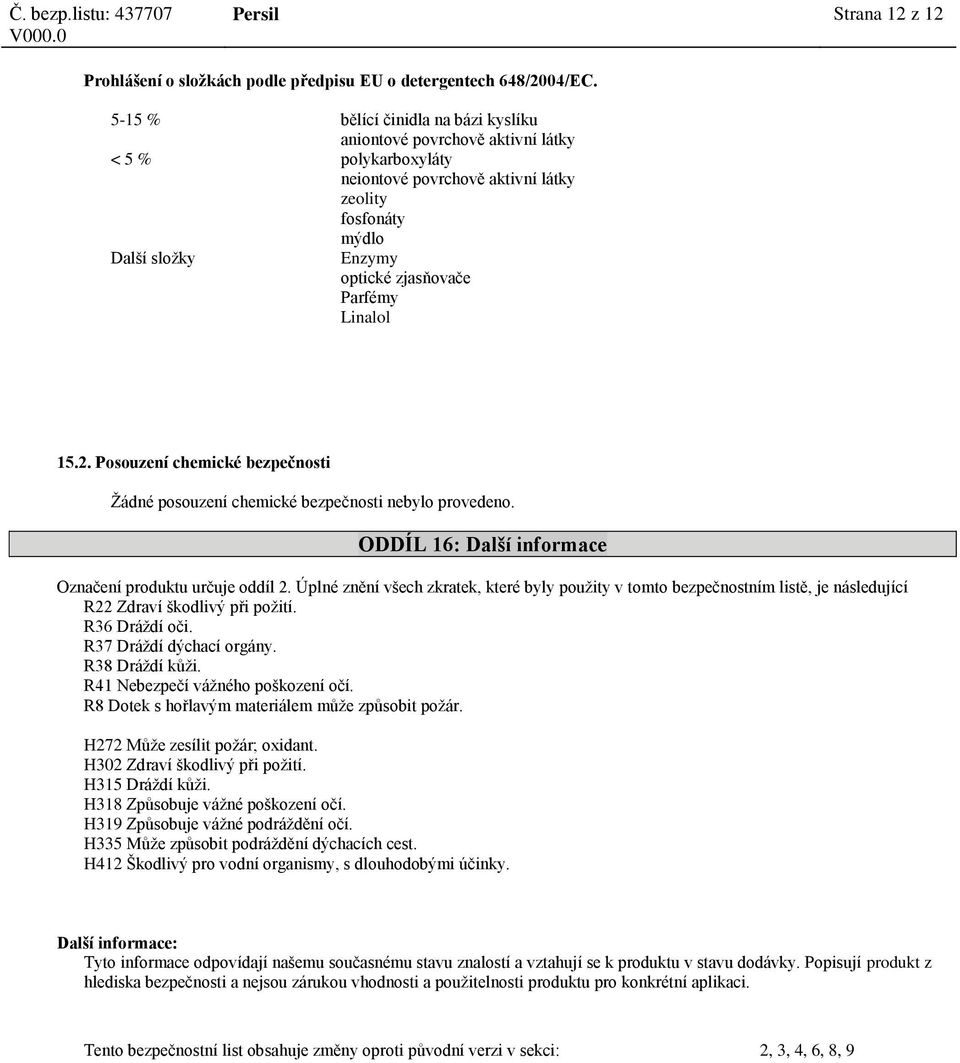 Linalol 15.2. Posouzení chemické bezpečnosti Žádné posouzení chemické bezpečnosti nebylo provedeno. ODDÍL 16: Další informace Označení produktu určuje oddíl 2.