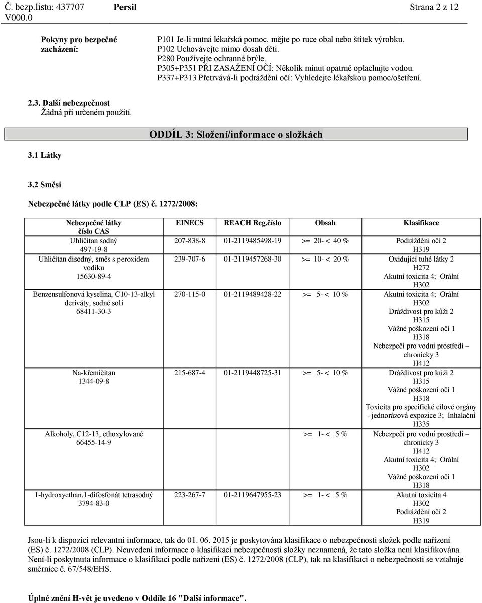 ODDÍL 3: Složení/informace o složkách 3.1 Látky 3.2 Směsi podle CLP (ES) č. 1272/2008: peroxidem vodíku Na-křemičitan 1344-09-8 Alkoholy, C12-13, ethoxylované EINECS REACH Reg.