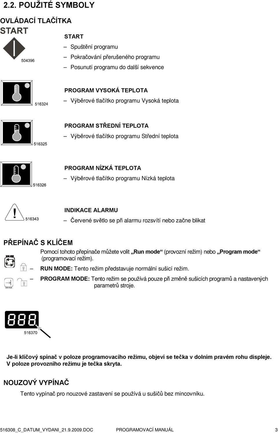 blikat PŘEPÍNAČ S KLÍČEM Pomocí tohoto přepínače můžete volit Run mode (provozní režim) nebo Program mode (programovací režim). RUN MODE: Tento režim představuje normální sušicí režim.