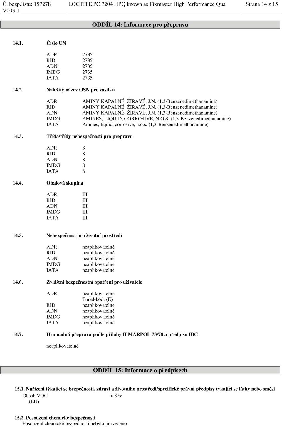 LIQUID, CORROSIVE, N.O.S. (1,3-Benzenedimethanamine) Amines, liquid, corrosive, n.o.s. (1,3-Benzenedimethanamine) 14.3. Třída/třídy nebezpečnosti pro přepravu ADR 8 RID 8 ADN 8 IMDG 8 IATA 8 14.4. Obalová skupina ADR RID ADN IMDG IATA III III III III III 14.