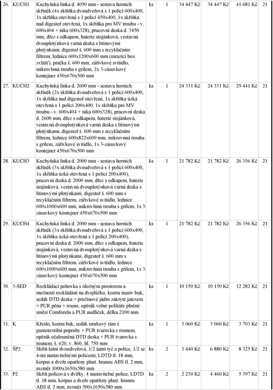 600x404 + nika 600x328), pracovní deska d. 3450, dřez s odkapem, baterie stojánková, vestavná dvouplotýnková varná deska s litinovými plotýnkami, digestoř š.