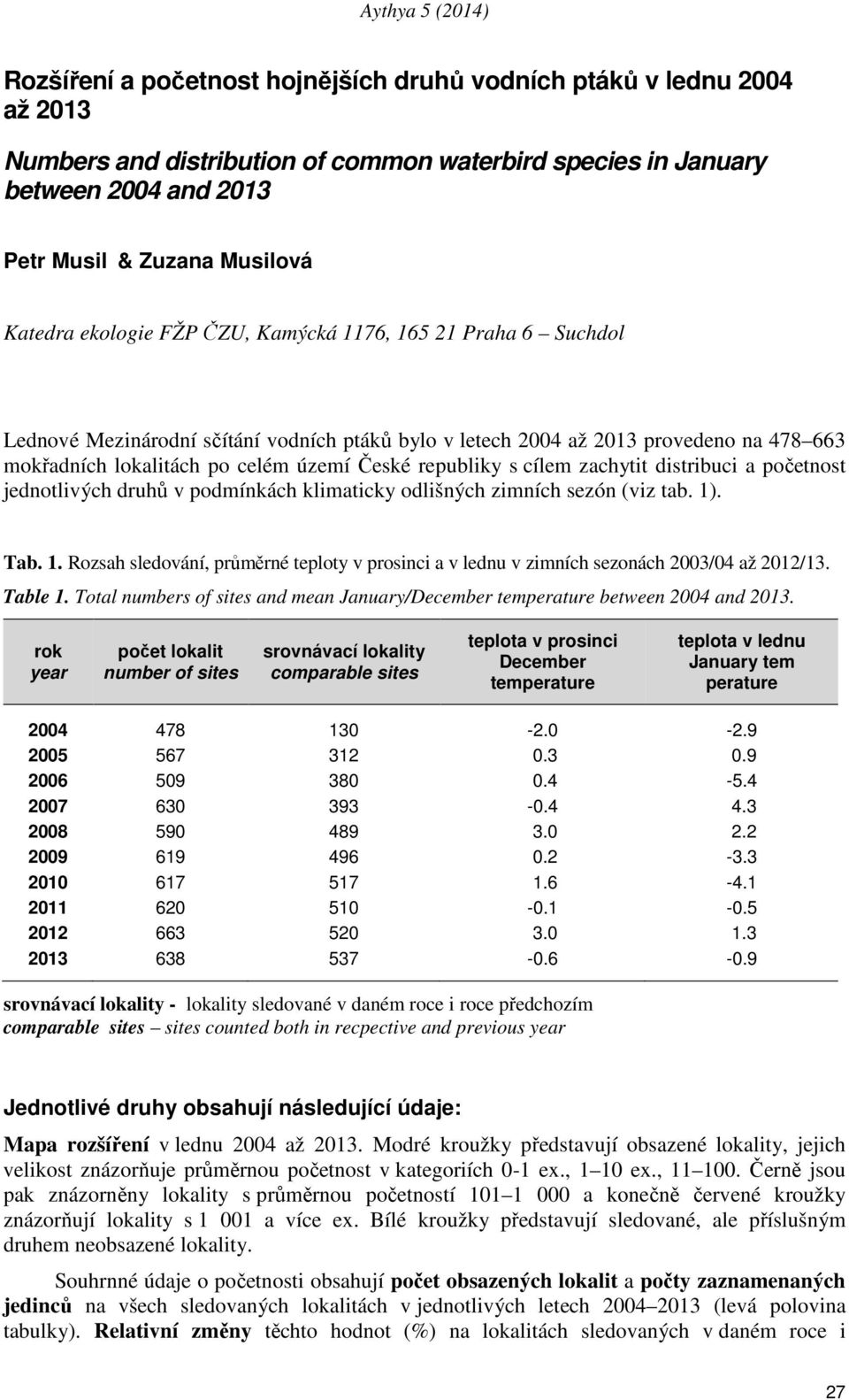 cílem zachytit distribuci a početnost jednotlivých druhů v podmínkách klimaticky odlišných zimních sezón (viz tab. 1)