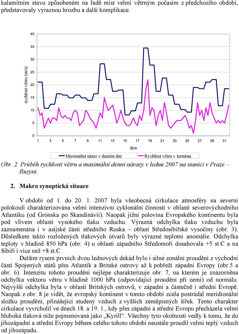 2 Průběh rychlosti větru a maximální denní nárazy v lednu 2007 na stanici v Praze Ruzyni. 2. Makro synoptická situace V období od 1.