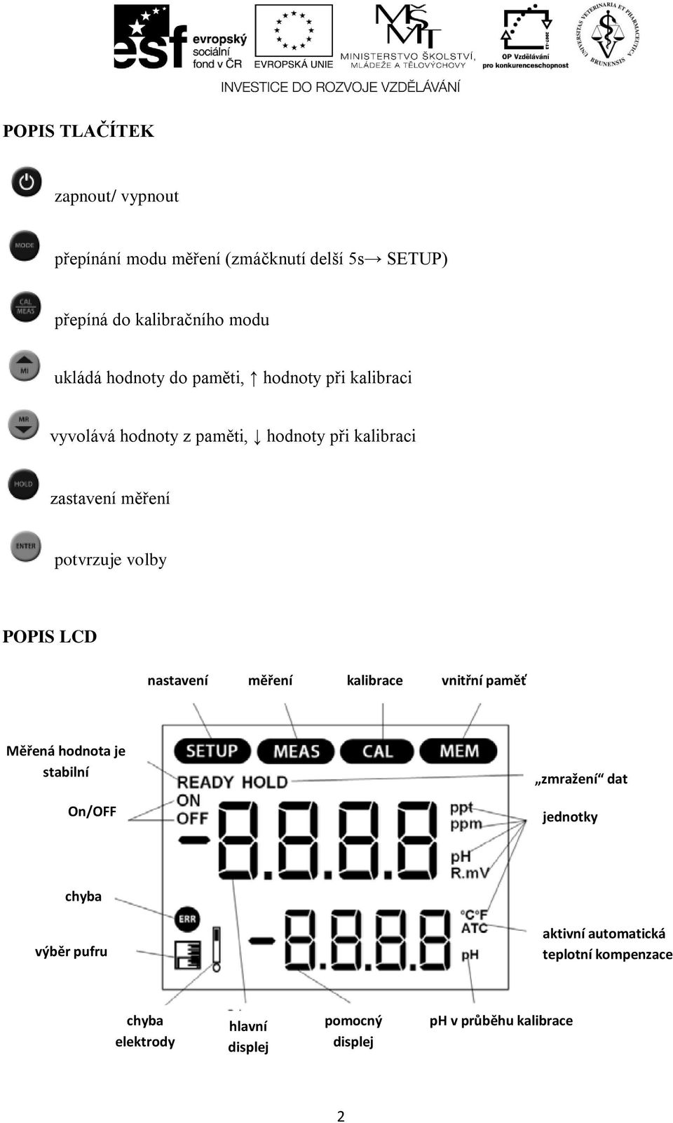 volby POPIS LCD nastavení měření kalibrace vnitřní paměť Měřená hodnota je stabilní On/OFF zmražení dat jednotky chyba