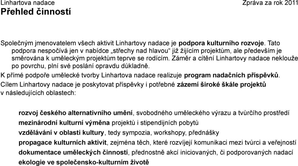 Záměr a cítění Linhartovy nadace neklouže po povrchu, plní své poslání opravdu důkladně. K přímé podpoře umělecké tvorby Linhartova nadace realizuje program nadačních příspěvků.