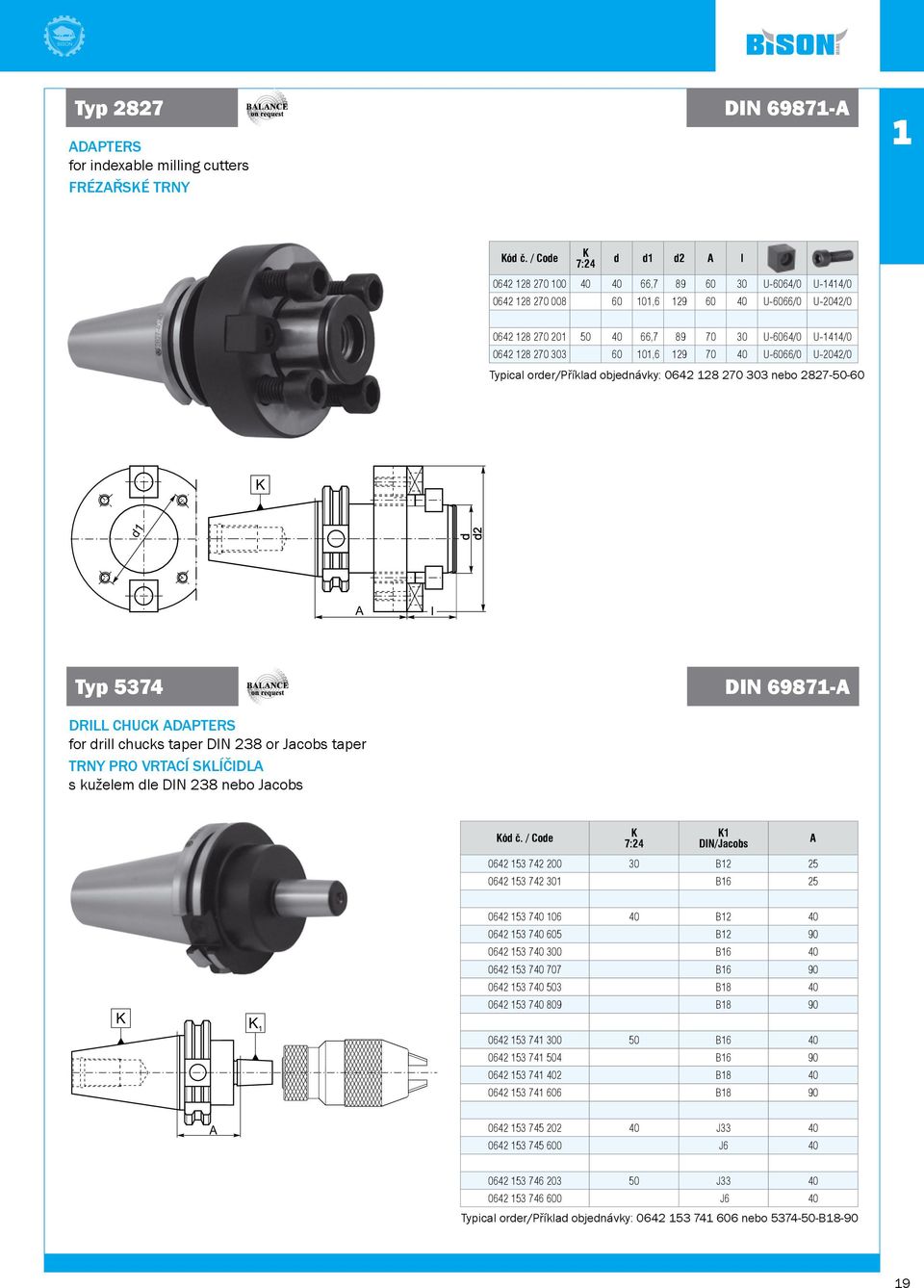 60 101,6 129 70 40 U-6066/0 U-2042/0 Typical order/příklad objednávky: 0642 128 270 303 nebo 2827-50-60 d d2 l Typ 5374 IN 69871- RILL CHUC PTERS for drill chucks taper IN 238 or Jacobs taper TRNY