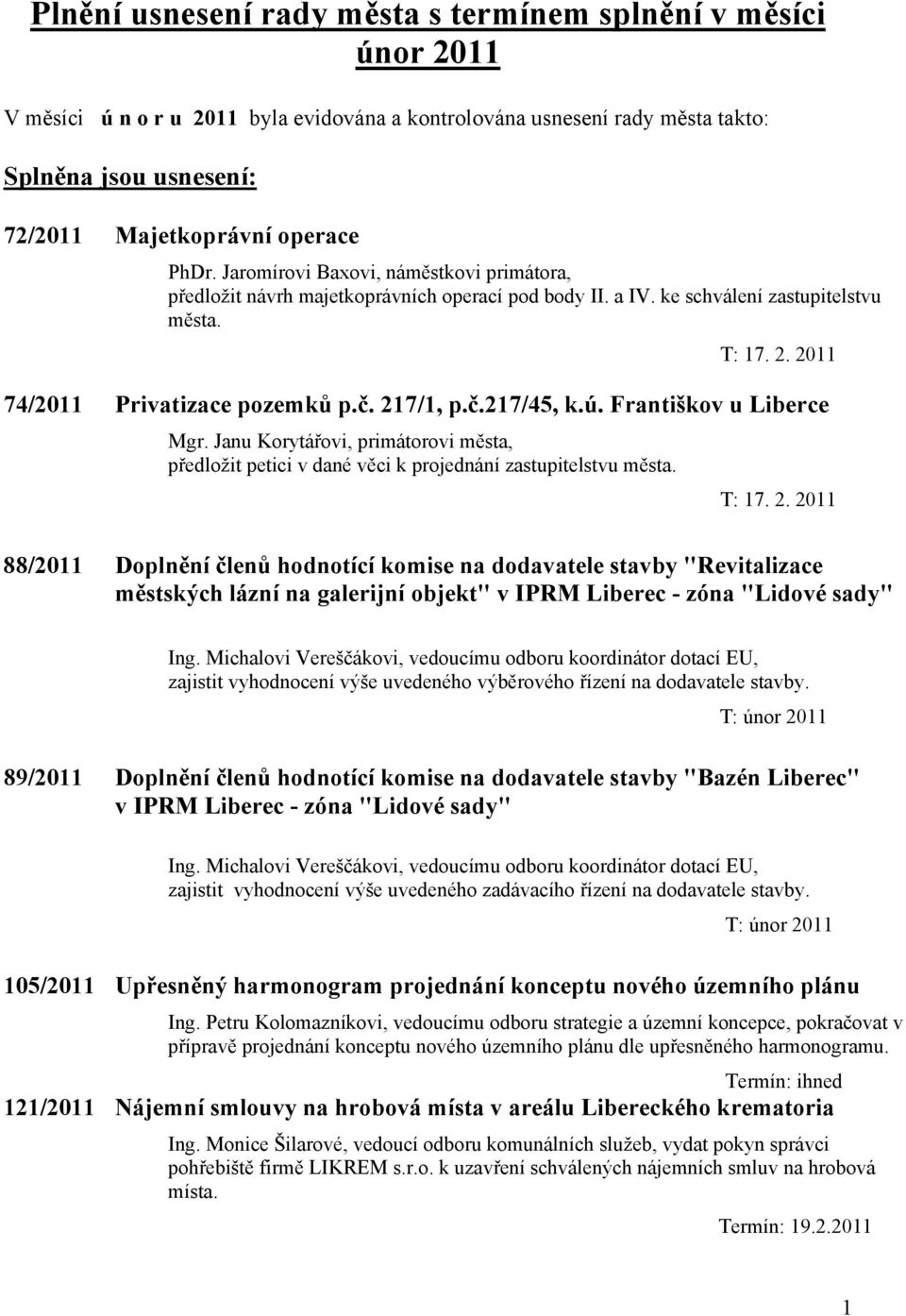 ú. Františkov u Liberce Mgr. Janu Korytářovi, primátorovi města, předložit petici v dané věci k projednání zastupitelstvu města. T: 17. 2.