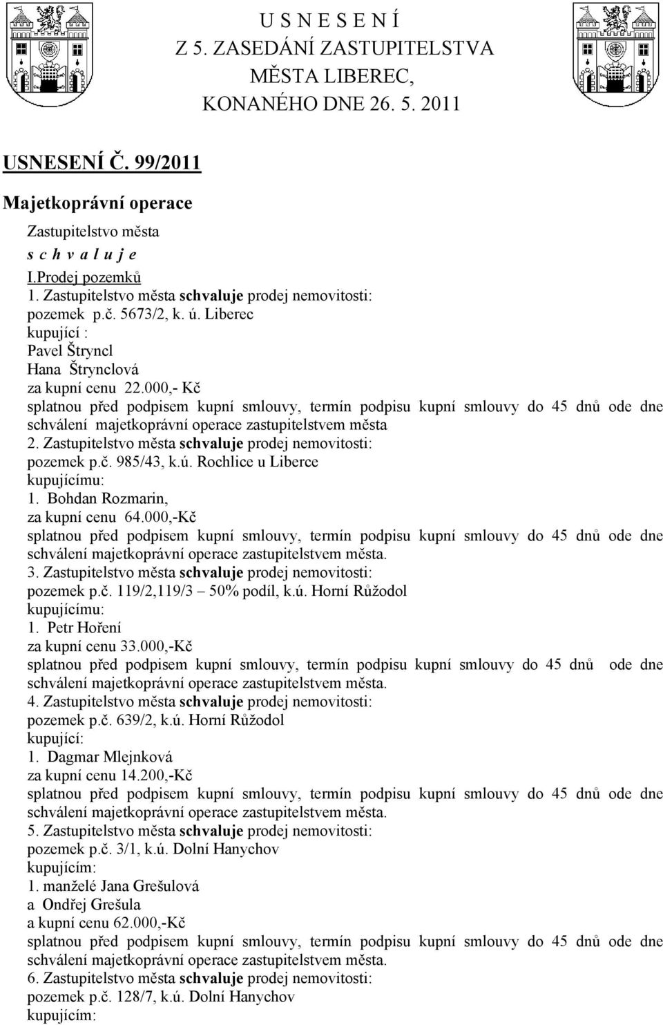 Zastupitelstvo města prodej nemovitosti: pozemek p.č. 985/43, k.ú. Rochlice u Liberce kupujícímu: 1. Bohdan Rozmarin, za kupní cenu 64.000,-Kč 3. Zastupitelstvo města prodej nemovitosti: pozemek p.č. 119/2,119/3 50% podíl, k.