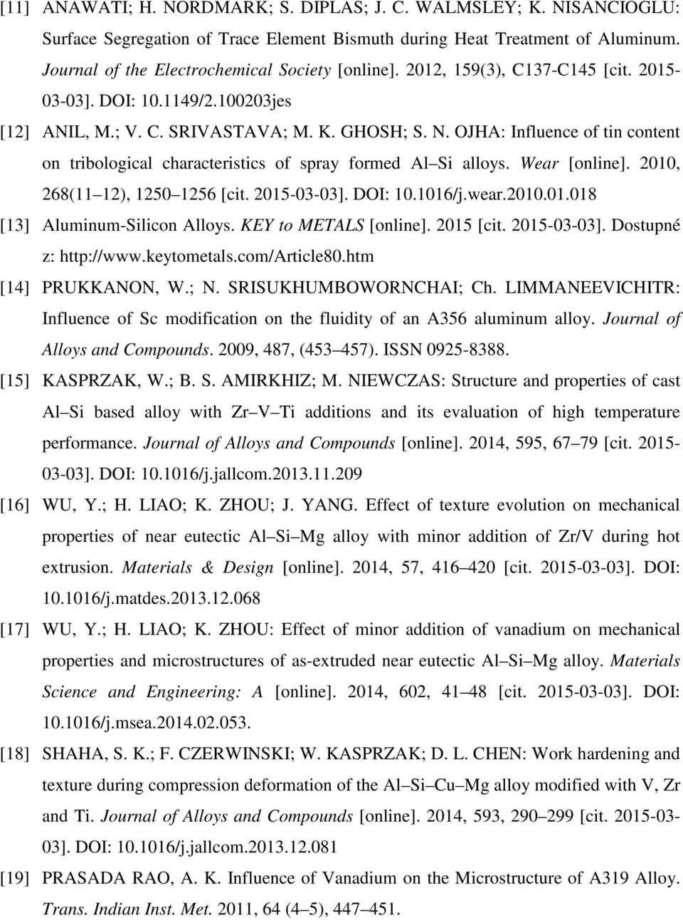 OJHA: Influence of tin content on tribological characteristics of spray formed Al Si alloys. Wear [online]. 2010, 268(11 12), 1250 1256 [cit. 2015-03-03]. DOI: 10.1016/j.wear.2010.01.018 [13] Aluminum-Silicon Alloys.