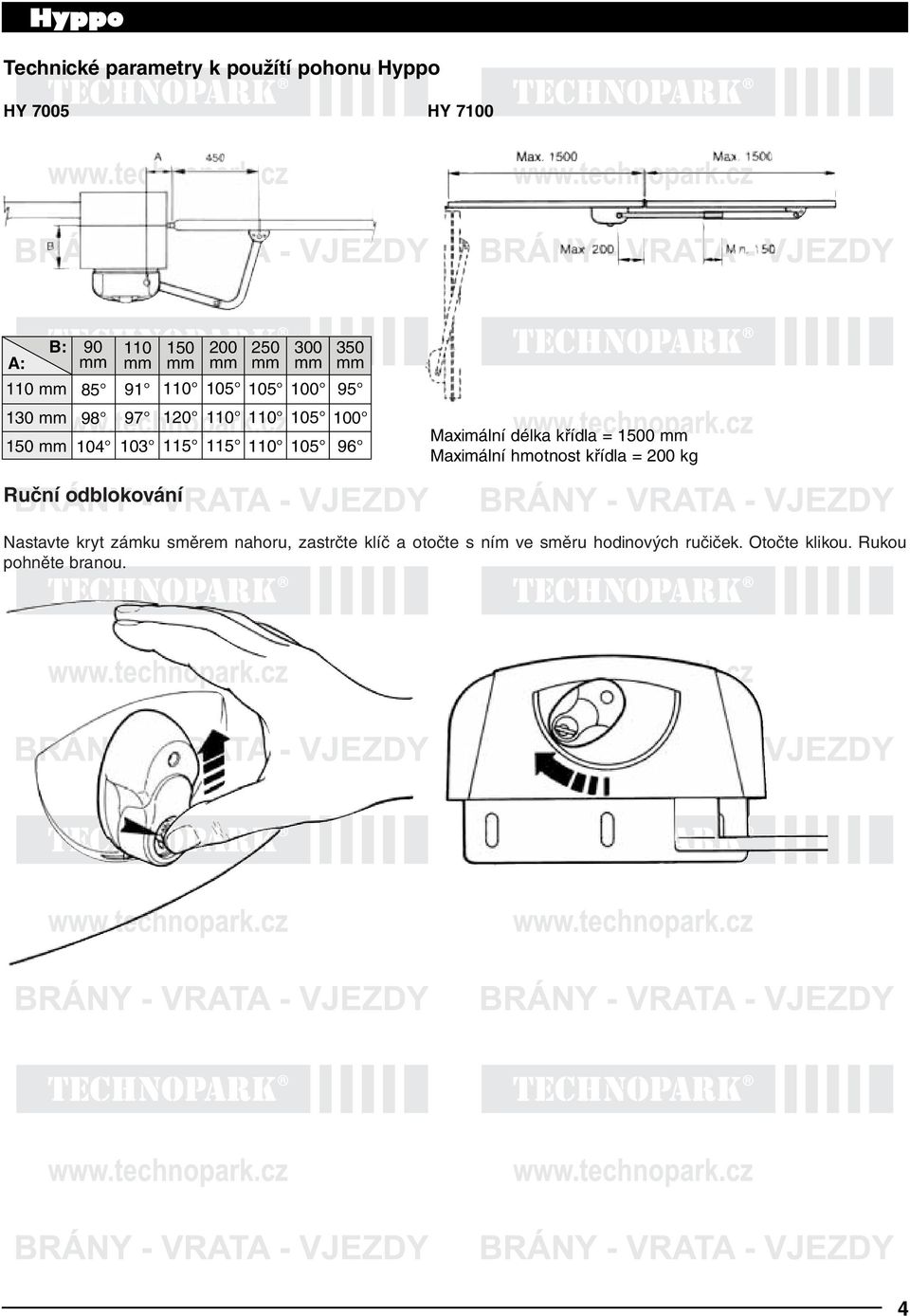 Maximální délka křídla = 1500 mm Maximální hmotnost křídla = 200 kg Ruční odblokování Nastavte kryt zámku