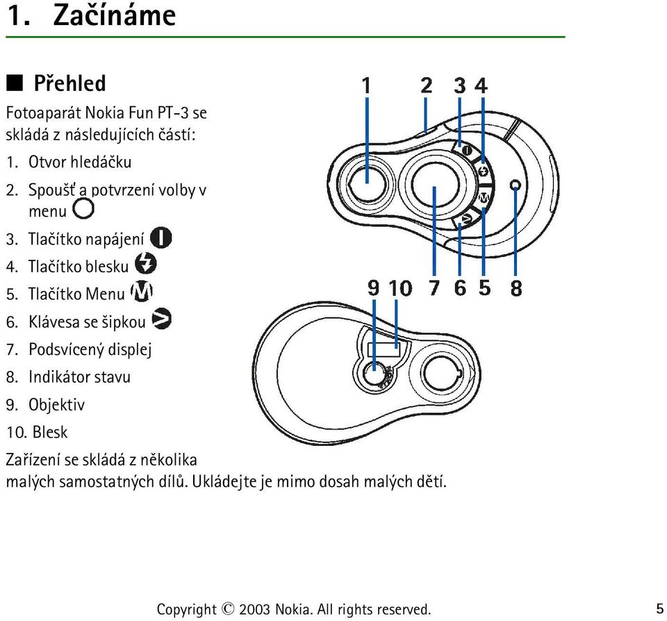 Klávesa se ¹ipkou 7. Podsvícený displej 8. Indikátor stavu 9. Objektiv 10.