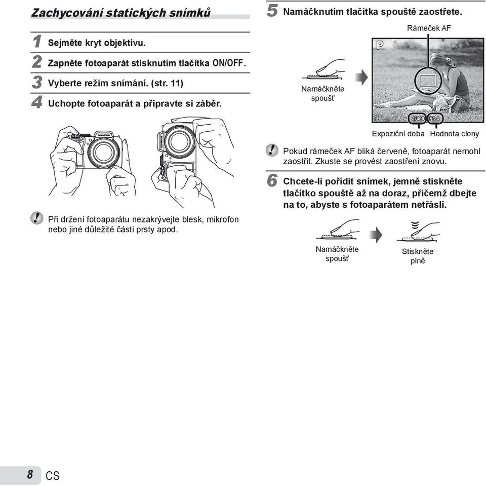 4 Expoziční doba Hodnota clony Při držení fotoaparátu nezakrývejte blesk, mikrofon nebo jiné důležité části prsty apod.