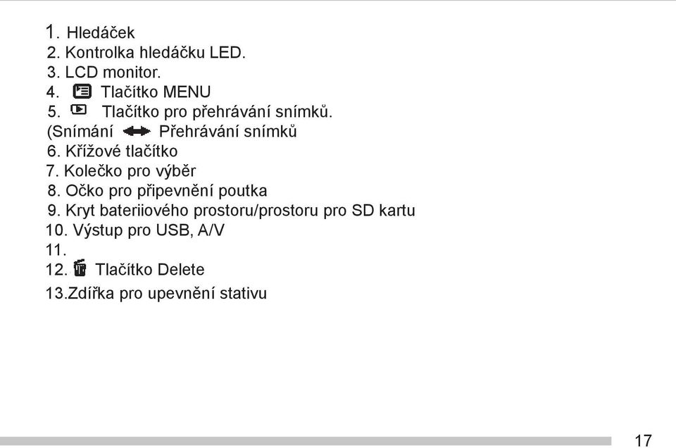 Kolečko pro výběr 8. Očko pro připevnění poutka 9.