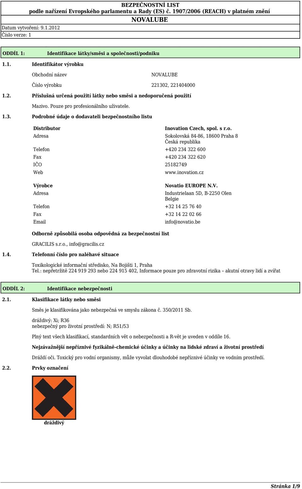 inovation.cz Novatio EUROPE N.V. Industrielaan 5D, B2250 Olen Belgie Telefon +32 14 25 76 40 Fax +32 14 22 02 66 Email Odborně způsobilá osoba odpovědná za bezpečnostní list GRACILIS s.r.o., info@gracilis.