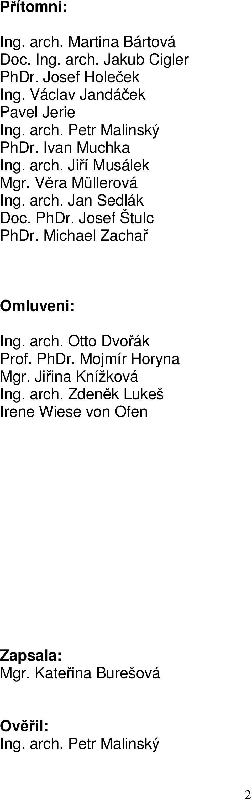 Věra Müllerová Ing. arch. Jan Sedlák Doc. PhDr. Josef Štulc PhDr. Michael Zachař Omluveni: Ing. arch. Otto Dvořák Prof.