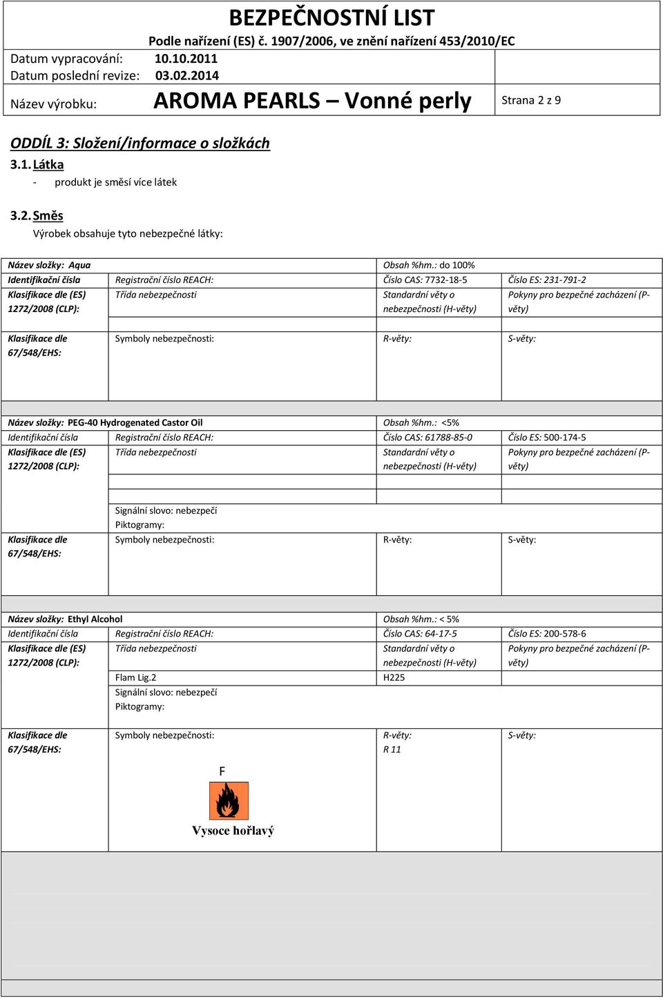 Pokyny pro bezpečné zacházení (Pvěty) Klasifikace dle 67/548/EHS: Symboly nebezpečnosti: R-věty: S-věty: Název složky: PEG-40 Hydrogenated Castor Oil Obsah %hm.