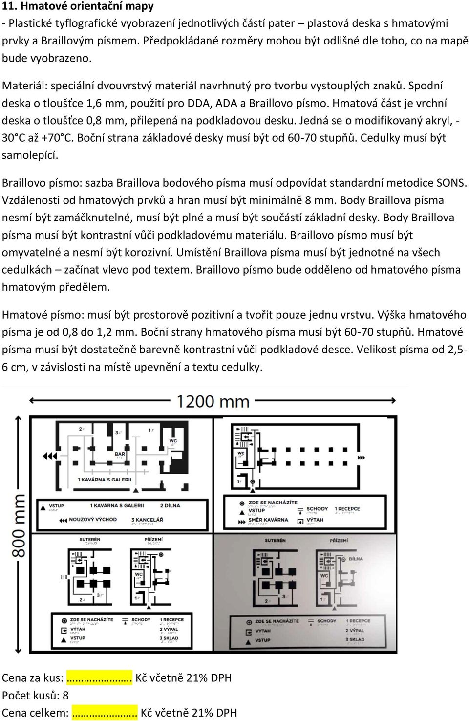 Spodní deska o tloušťce 1,6 mm, použití pro DDA, ADA a Braillovo písmo. Hmatová část je vrchní deska o tloušťce 0,8 mm, přilepená na podkladovou desku. Jedná se o modifikovaný akryl, - 30 C až +70 C.