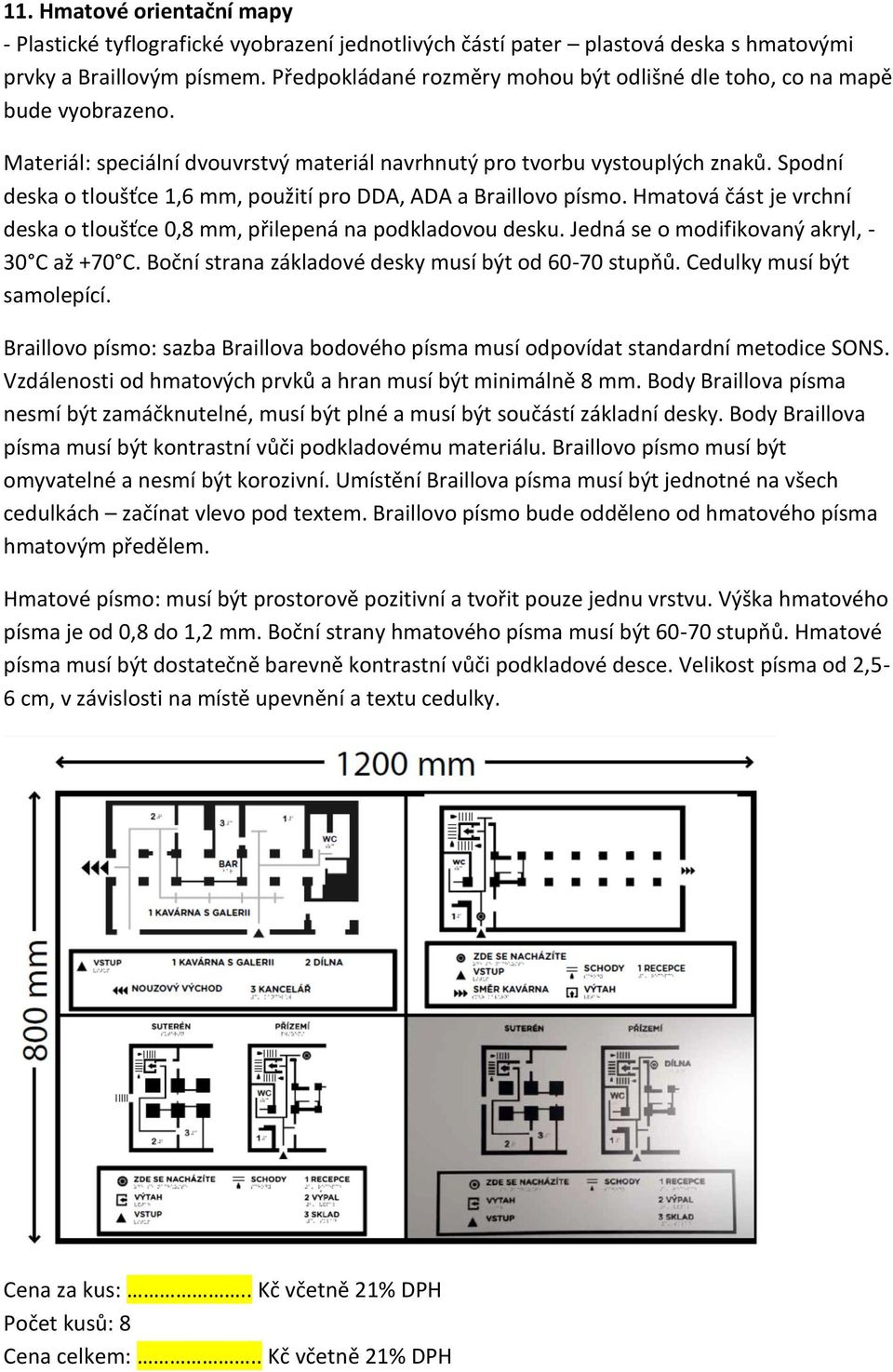 Spodní deska o tloušťce 1,6 mm, použití pro DDA, ADA a Braillovo písmo. Hmatová část je vrchní deska o tloušťce 0,8 mm, přilepená na podkladovou desku. Jedná se o modifikovaný akryl, - 30 C až +70 C.