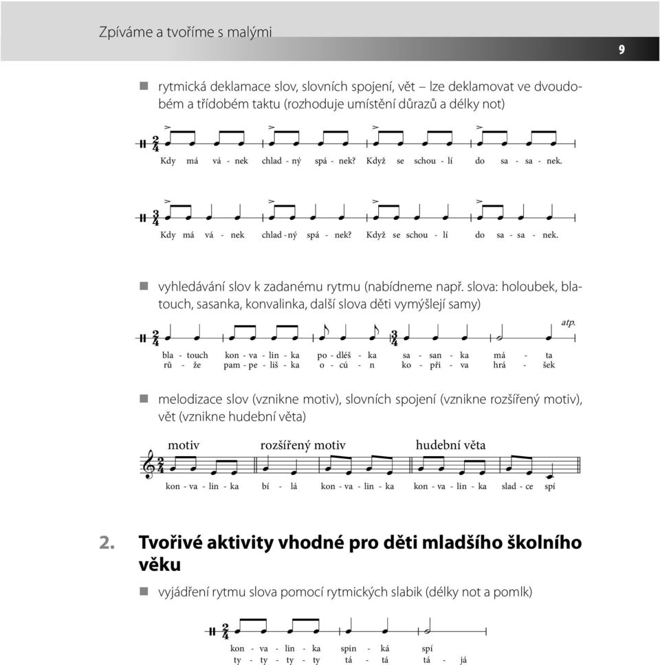 slova: holoubek, blatouch, sasanka, konvalinka, další slova děti vymýšlejí samy) bla rů touch že kon va pam pe lin liš ka ka po o dléš cú ka sa n ko melodizace slov (vznikne motiv), slovních spojení