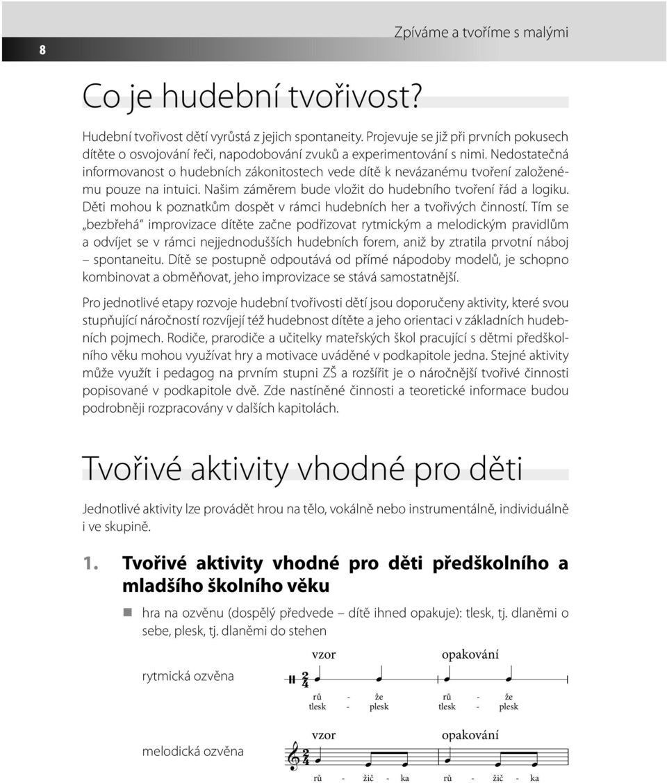 Nedostatečná informovanost o hudebních zákonitostech vede dítě k nevázanému tvoření založenému pouze na intuici. Našim záměrem bude vložit do hudebního tvoření řád a logiku.