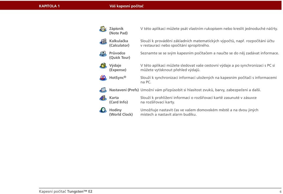 V této aplikaci můžete sledovat vaše cestovní výdaje a po synchronizaci s PC si můžete vytisknout přehled výdajů. Slouží k synchronizaci informací uložených na kapesním počítači s informacemi na PC.