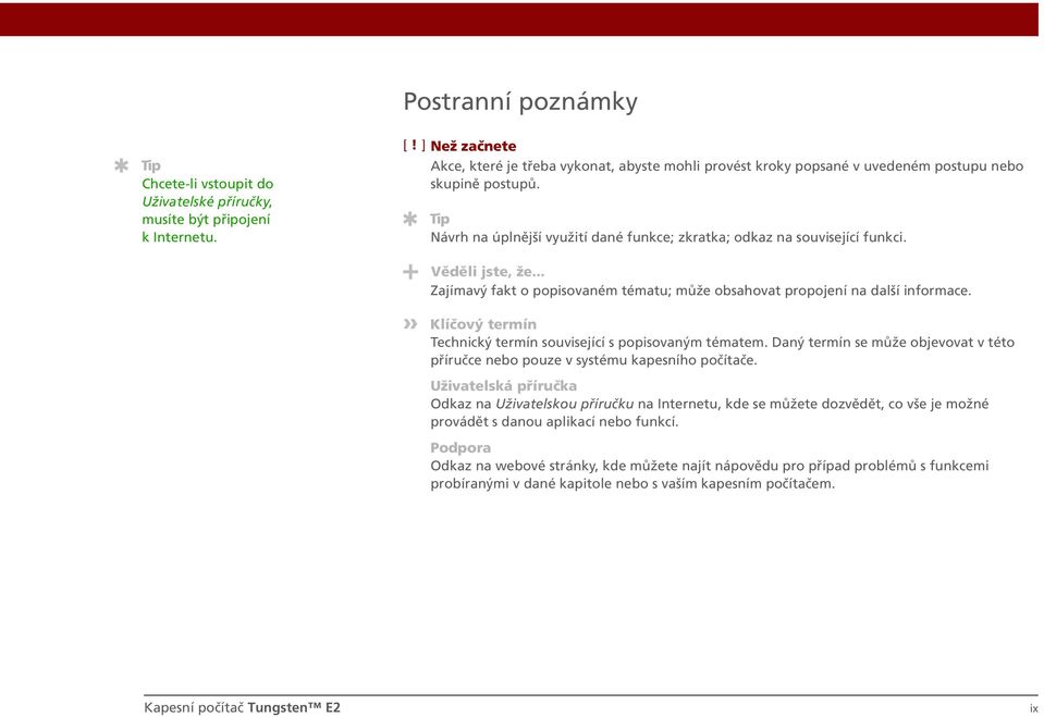 Věděli jste, že... Zajímavý fakt o popisovaném tématu; může obsahovat propojení na další informace.» Klíčový termín Technický termín související s popisovaným tématem.