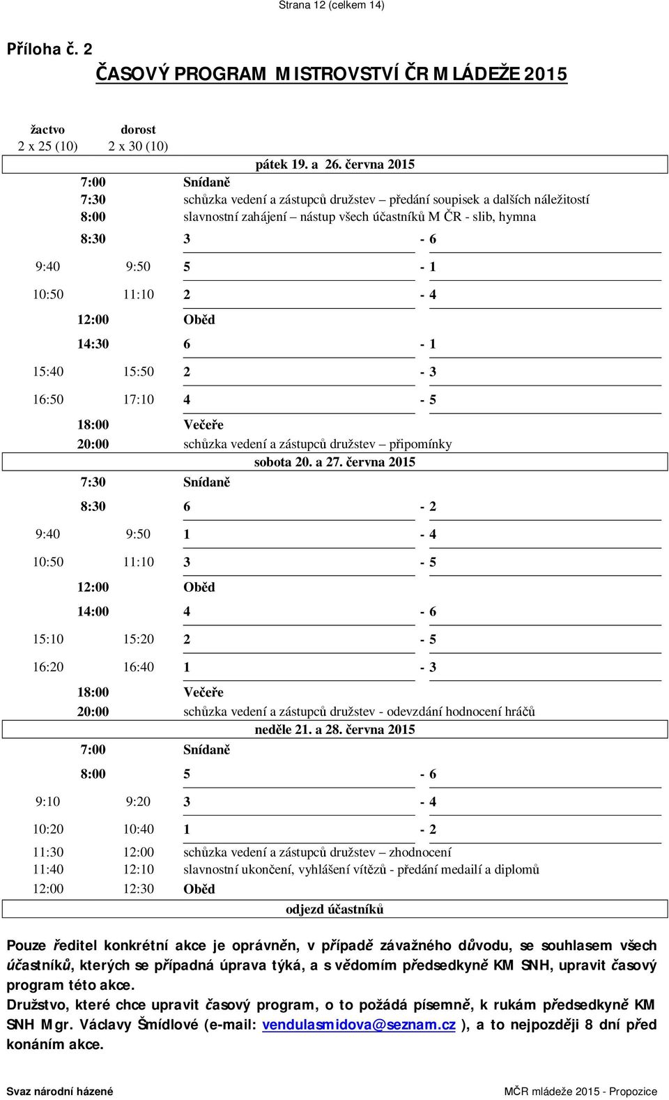 11:10 2-4 12:00 Oběd 14:30 6-1 15:40 15:50 2-3 16:50 17:10 4-5 18:00 Večeře 20:00 schůzka vedení a zástupců družstev připomínky sobota 20. a 27.