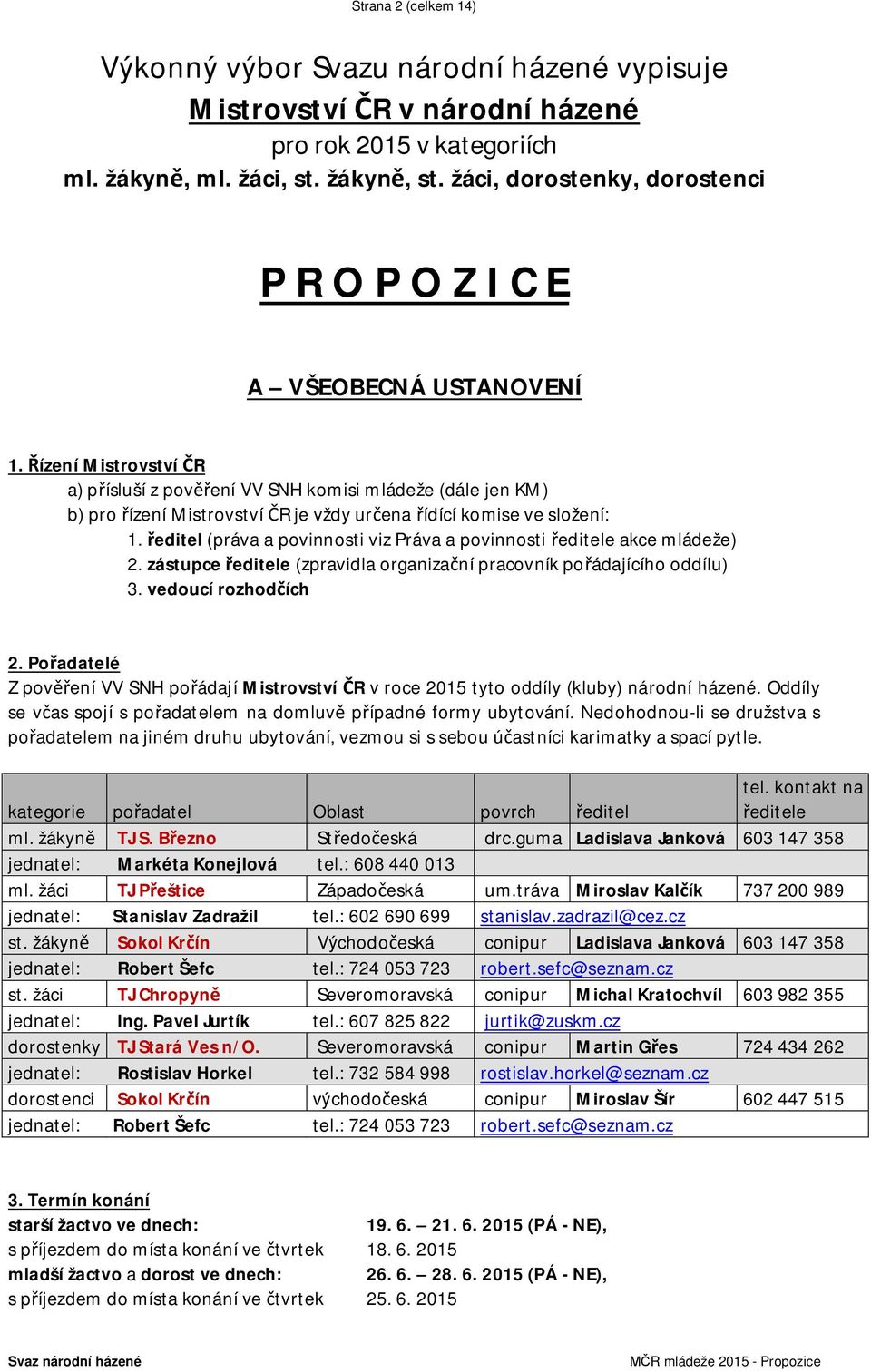 Řízení Mistrovství ČR a) přísluší z pověření VV SNH komisi mládeže (dále jen KM) b) pro řízení Mistrovství ČR je vždy určena řídící komise ve složení: 1.