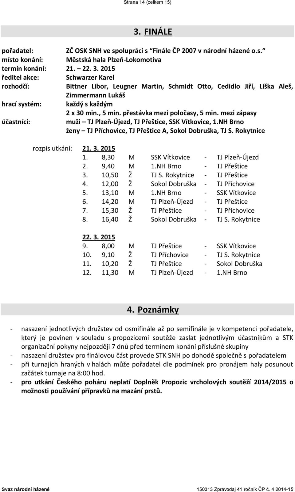 Rokytnice rozpis utkání: 21. 3. 2015 1. 8,30 M SSK Vítkovice - TJ Plzeň-Újezd 2. 9,40 M 1.NH Brno - TJ Přeštice 3. 10,50 Ž TJ S. Rokytnice - TJ Přeštice 4. 12,00 Ž Sokol Dobruška - TJ Příchovice 5.