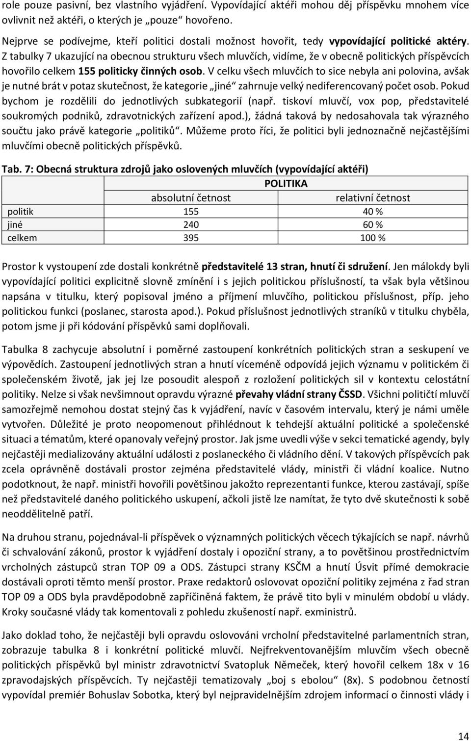 Z tabulky 7 ukazující na obecnou strukturu všech mluvčích, vidíme, že v obecně politických příspěvcích hovořilo celkem 155 politicky činných osob.