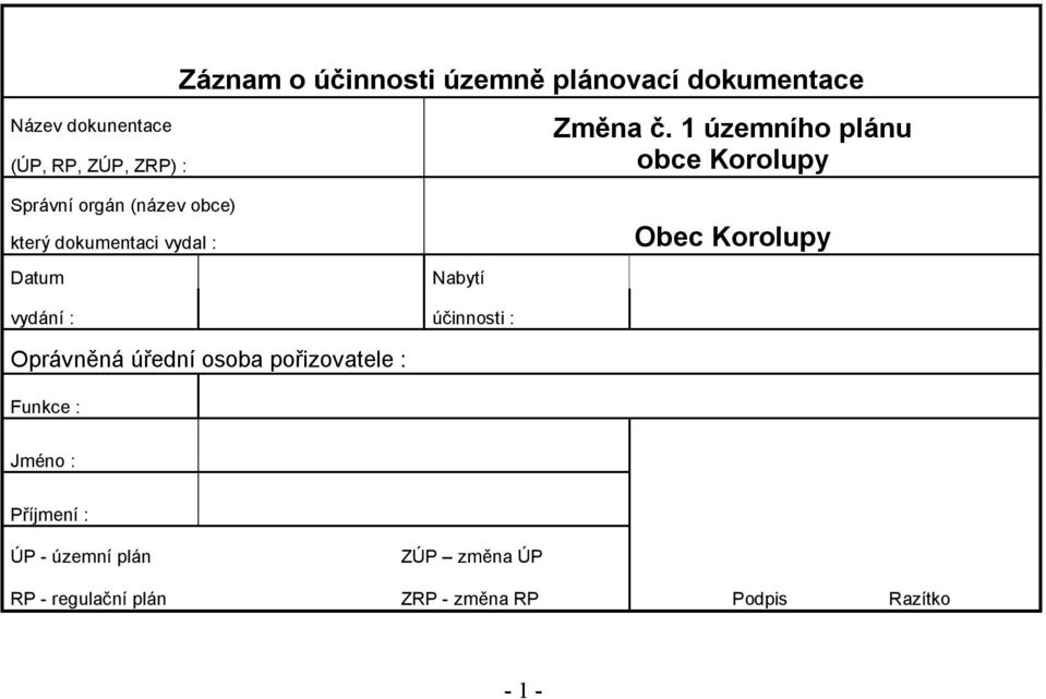 Nabytí Obec Korolupy vydání : účinnosti : Oprávněná úřední osoba pořizovatele : Funkce : Jméno