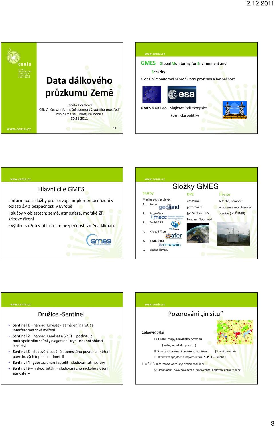 služeb v oblastech: bezpečnost, změna klimatu Služby Monitorovací projekty: 1. Země 2. Atmosféra 3. Mořské ŽP 4.