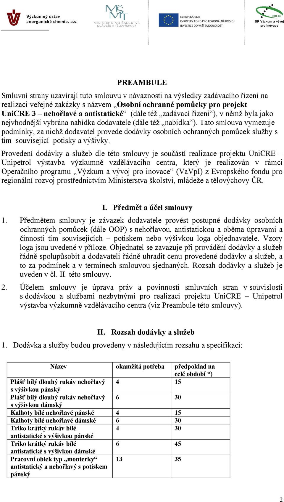 Tato smlouva vymezuje podmínky, za nichž dodavatel provede dodávky osobních ochranných pomůcek služby s tím související potisky a výšivky.