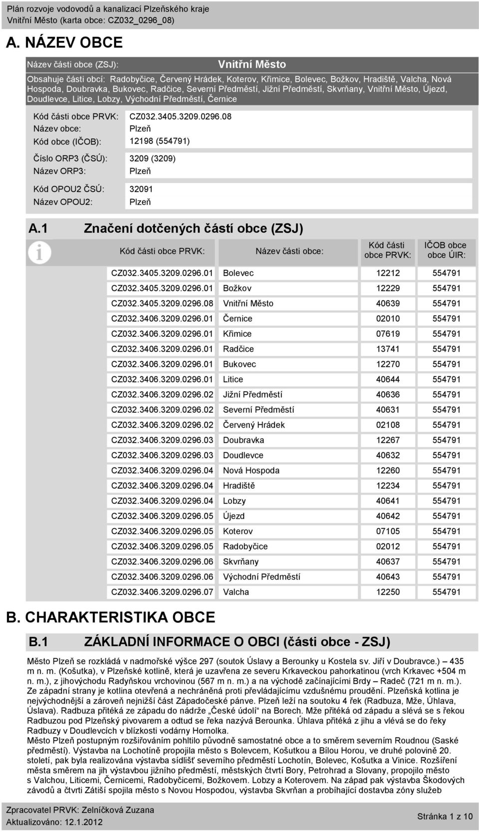 Hrádek, Koterov, Křimice, Bolevec, Božkov, Hradiště, Valcha, Nová Hospoda, Doubravka, Bukovec, Radčice, Severní Předměstí, Jižní Předměstí, Skvrňany, Vnitřní Město, Újezd, Doudlevce, Litice, Lobzy,