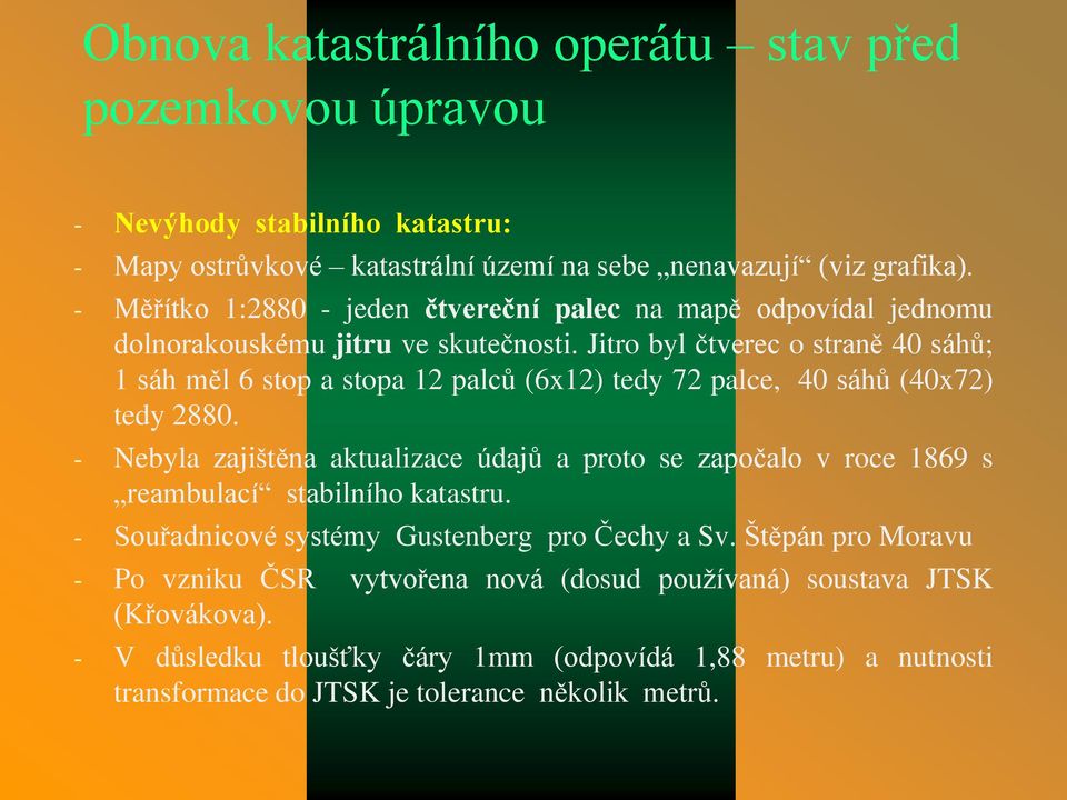 Jitro byl čtverec o straně 40 sáhů; 1 sáh měl 6 stop a stopa 12 palců (6x12) tedy 72 palce, 40 sáhů (40x72) tedy 2880.