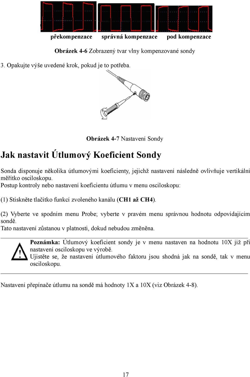 Postup kontroly nebo nastavení koeficientu útlumu v menu osciloskopu: (1) Stiskněte tlačítko funkcí zvoleného kanálu (CH1 až CH4).