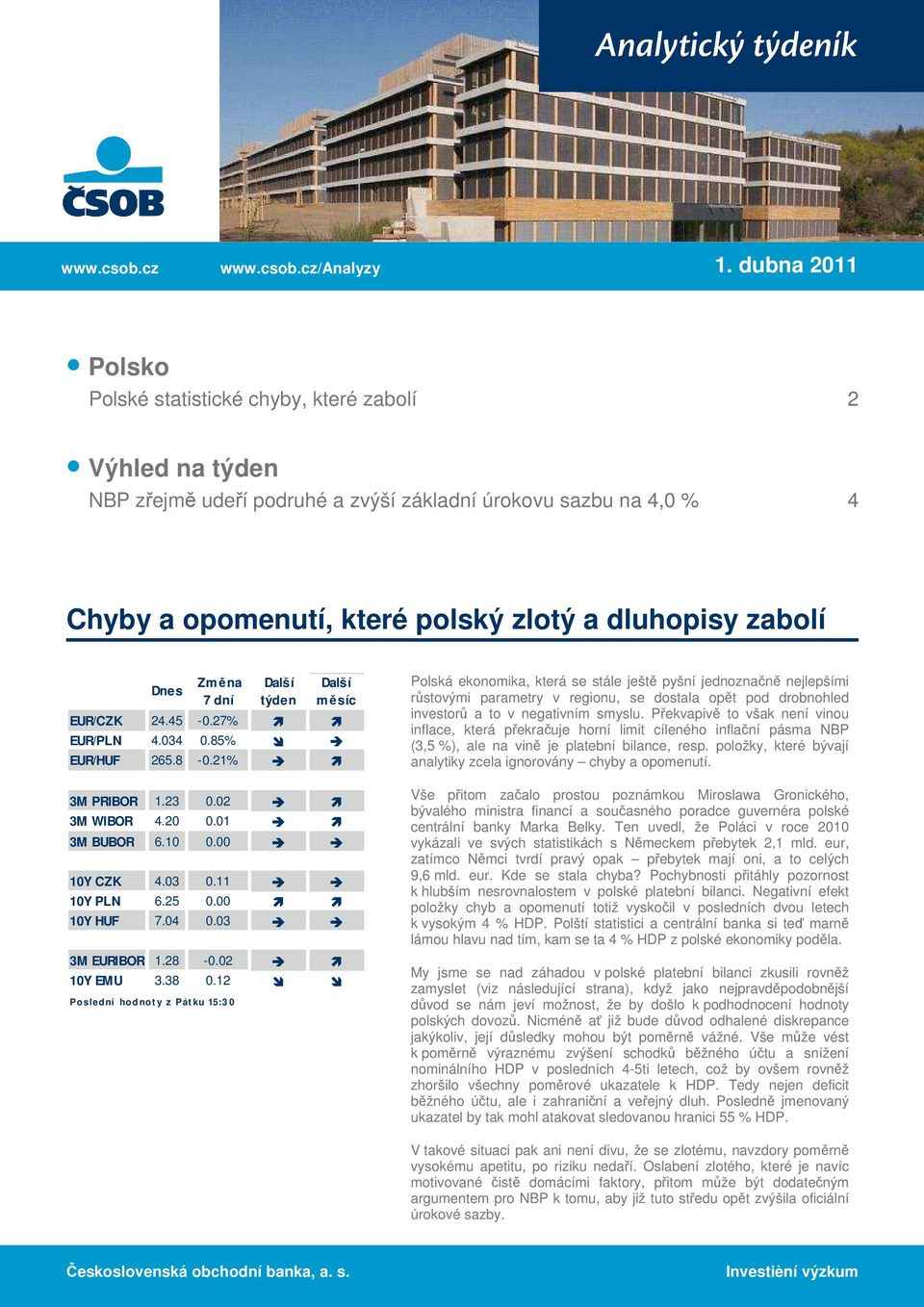 Dnes Změna 7 dní Další týden Další měsíc EUR/CZK 24.45-0.27% EUR/PLN 4.034 0.85% EUR/HUF 265.8-0.21% 3M PRIBOR 1.23 0.02 3M WIBOR 4.20 0.01 3M BUBOR 6.10 0.00 10Y CZK 4.03 0.11 10Y PLN 6.25 0.