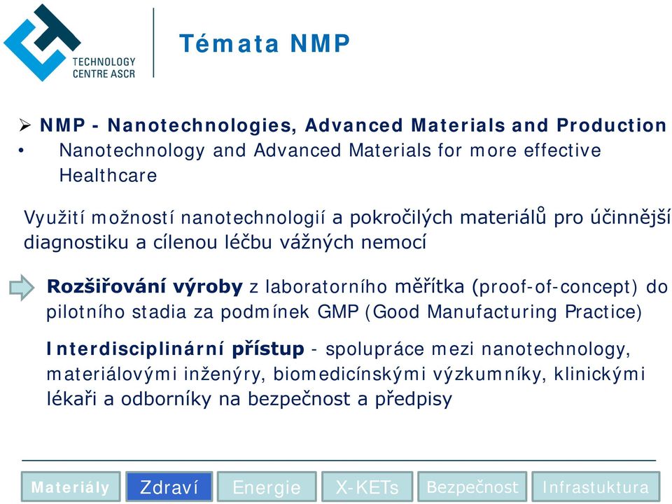 (proof-of-concept) do pilotního stadia za podmínek GMP (Good Manufacturing Practice) Interdisciplinární přístup - spolupráce mezi nanotechnology,