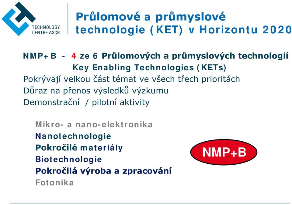 třech prioritách Důraz na přenos výsledků výzkumu Demonstrační / pilotní aktivity Mikro- a