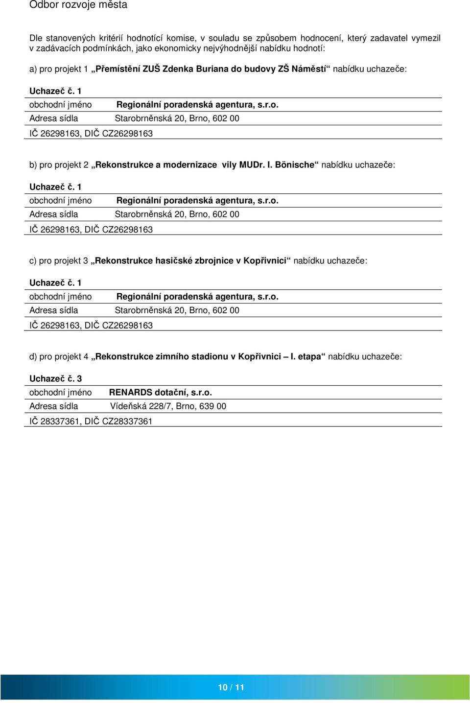 obchodní jméno Regionální poradenská agentura, s.r.o. Adresa sídla Starobrněnská 20, Brno, 602 00 IČ 2629863, DIČ CZ2629863 c) pro projekt 3 nabídku uchazeče: Uchazeč č.