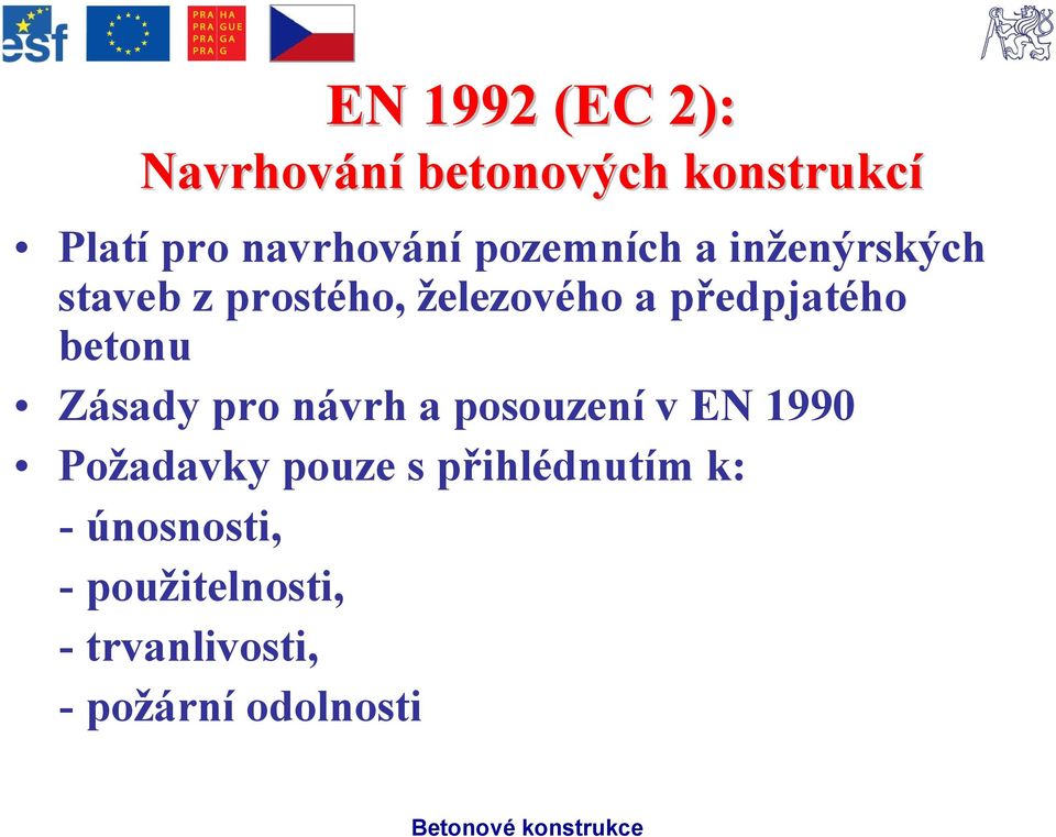 předpjatého betonu Zásady pro návrh a posouzenív EN 1990 Požadavky