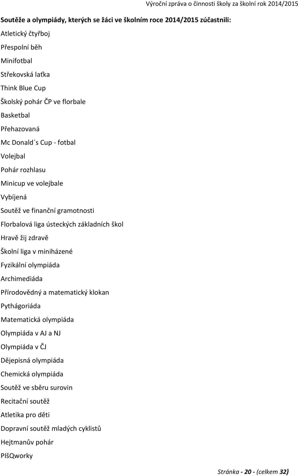 Hravě žij zdravě Školní liga v miniházené Fyzikální olympiáda Archimediáda Přírodovědný a matematický klokan Pythágoriáda Matematická olympiáda Olympiáda v AJ a NJ Olympiáda v ČJ