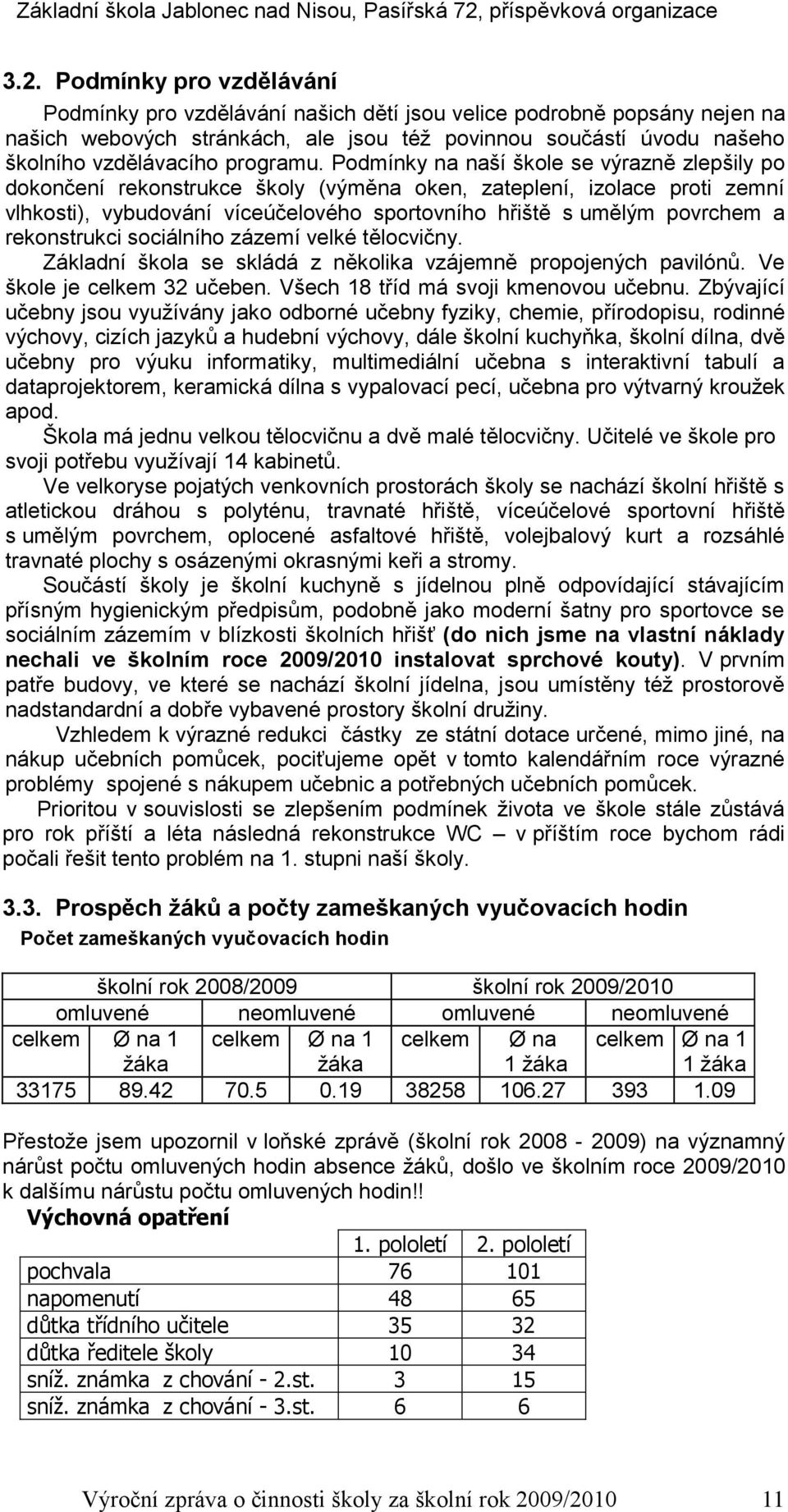 Podmínky na naší škole se výrazně zlepšily po dokončení rekonstrukce školy (výměna oken, zateplení, izolace proti zemní vlhkosti), vybudování víceúčelového sportovního hřiště s umělým povrchem a