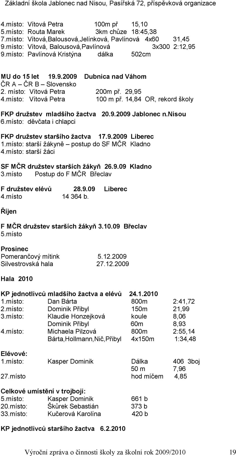 14,84 OR, rekord školy FKP druţstev mladšího ţactva 20.9.2009 Jablonec n.nisou 6.místo: děvčata i chlapci FKP druţstev staršího ţactva 17.9.2009 Liberec 1.