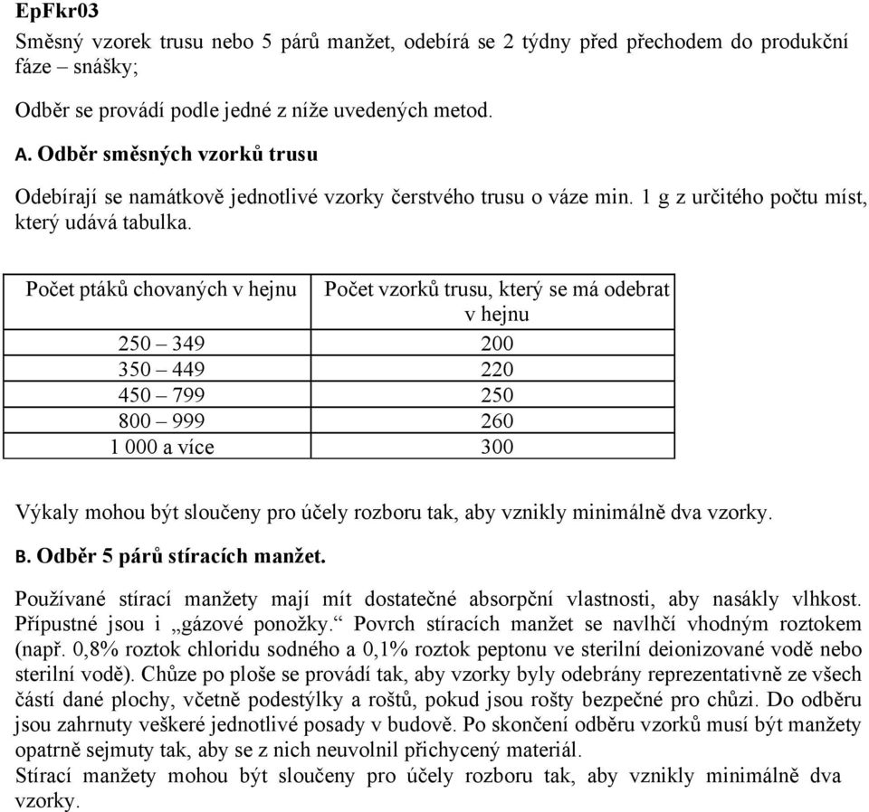 Počet ptáků chovaných Počet vzorků trusu, který se má odebrat 250 349 200 350 449 220 450 799 250 800 999 260 1 000 a více 300 (např.