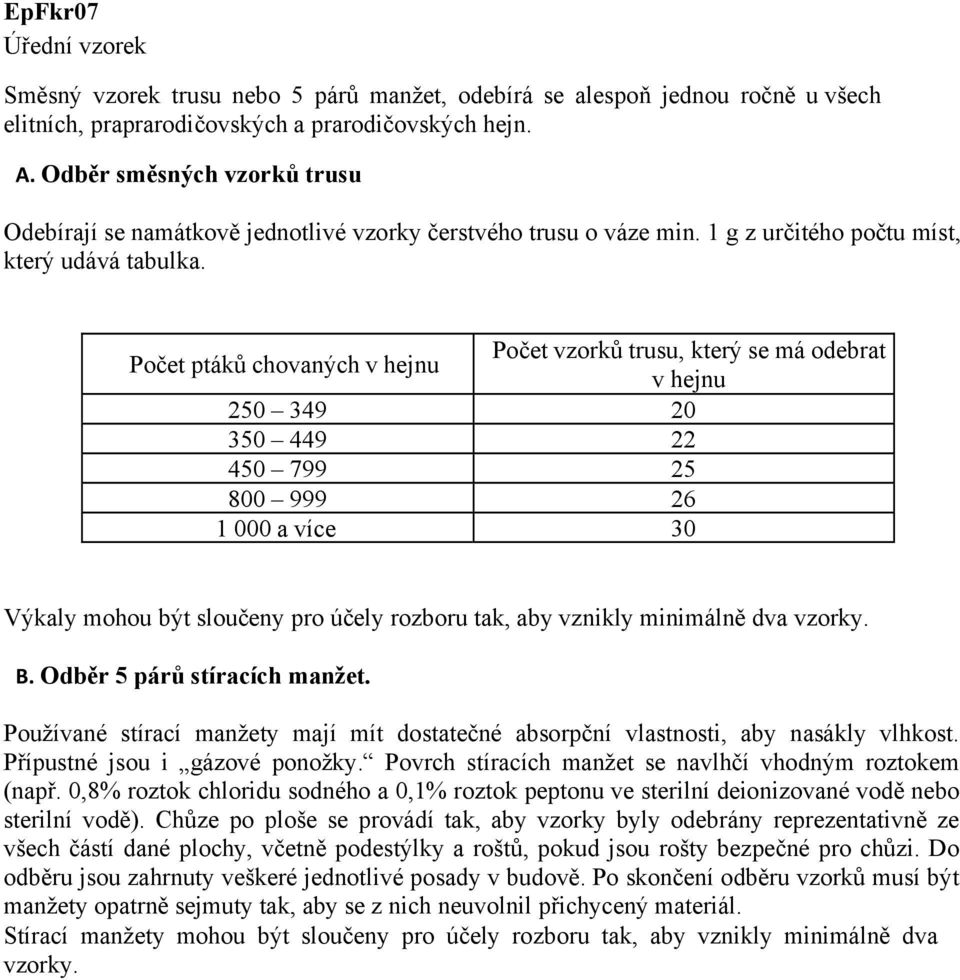 Počet ptáků chovaných Počet vzorků trusu, který se má odebrat 250 349 20 350 449 22 450 799 25 800 999 26 1 000 a více 30 (např.