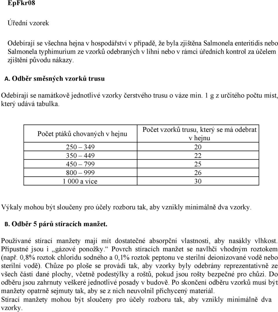 Počet ptáků chovaných Počet vzorků trusu, který se má odebrat 250 349 20 350 449 22 450 799 25 800 999 26 1 000 a více 30 (např.