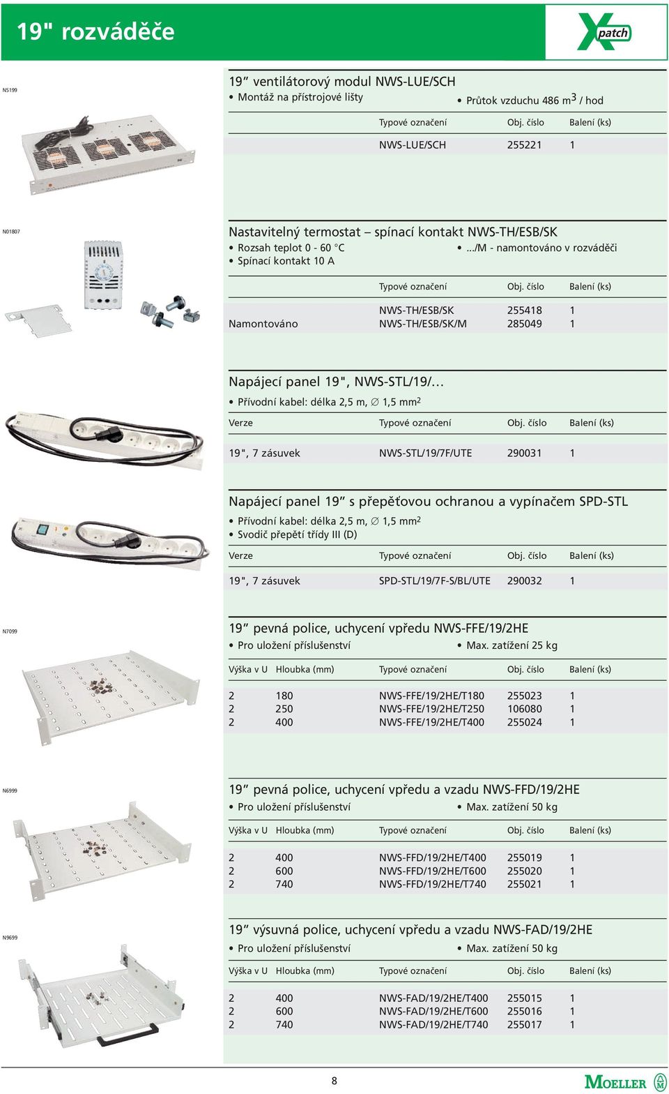 NWS-STL/19/7F/UTE 290031 1 Napájecí panel 19 s přepěťovou ochranou a vypínačem SPD-STL Přívodní kabel: délka 2,5 m, 1,5 mm 2 Svodič přepětí třídy III (D) 19", 7 zásuvek SPD-STL/19/7F-S/BL/UTE 290032