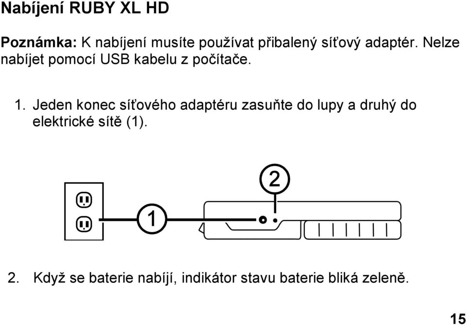 Jeden konec síťového adaptéru zasuňte do lupy a druhý do elektrické